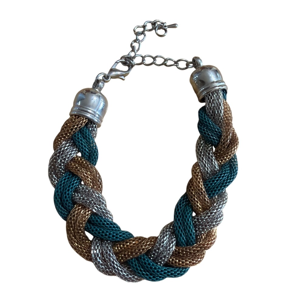 Braided Mesh Chain Bracelet Tricolor Gold Silver Teal Blue Statement Jewelry